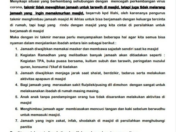 Kebijakan takmir masjid Al Ikhlas sehubungan dengan kegiatan sholat Taraweh tahun 1441H/2020M